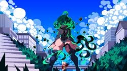 1boy 1girls artist_name ass back_view clothed color duo female green_eyes green_hair height_difference hips looking_at_another male one-punch_man outdoors pixel_art saitama tagme tamaco tatsumaki thick_thighs thighs white_outline wide_hips wind