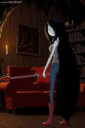 1girl adventure_time ai_generated black_hair breasts denim hat hi_res high_heels high_quality high_resolution instrument jeans long_hair marceline pants patreon seductive sexy sitting solo spicytoonai uncensored watermark