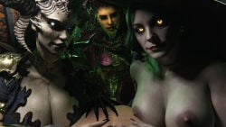 3d_(artwork) absurd_res alcina_dimitrescu alien areola armor big_breasts blizzard_entertainment breasts capcom claws cleavage clothed clothing cowgirl_position dbgret demon demon_humanoid digital_media_(artwork) dress exoskeleton female female_on_top from_front_position glowing glowing_eyes group hat headgear headwear hi_res horn horned_humanoid huge_breasts human humanoid interspecies lilith_(diablo) looking_at_viewer male male/female mammal medium_breasts nipples on_bottom on_top resident_evil sarah_kerrigan sex starcraft zerg zerg_queen_(starcraft)