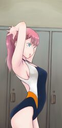 1girls blue_eyes bokutachi_wa_benkyou_ga_dekinai female female_only hair_tie hair_tie_in_mouth indoors kirisu_mafuyu_(bokuben) locker_room lockers long_hair mostly_nude one-piece_swimsuit pink_hair side_view sideboob solo standing swimsuit teacher tying_hair