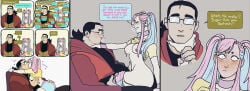 1boy 1boy1girl 1girls artist_request bbm blue_eyes blue_hair blush breasts_out cheating cheating_girlfriend choker comic constricted_pupils duo girl_on_top goatee heart_eyebrows hetero long_hair low_ponytail medium_breasts neck_grab netorare nipple_piercing nose_piercing ntr opaque_glasses original penis_awe piercing pink_hair purple_choker shorts thick_eyebrows twintails two-tone_hair upright_straddle