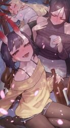 3girls alcohol bare_shoulders black_shorts black_sweater blonde_hair bottle breasts brown_pantyhose chorogon closed_eyes cup denim denim_shorts drunk eyeliner facial_mark fate/grand_order fate_series forehead highres horns ibaraki_douji_(fate) looking_at_viewer lying makeup minamoto_no_raikou_(fate/grand_order) multiple_girls off_shoulder on_side oni open_mouth pantyhose pencil_skirt petite purple_eyes purple_hair red_hands sake_bottle shirt short_eyebrows short_hair shorts shuten_douji_(fate) skirt small_breasts smile sweater tattoo very_long_hair white_shirt yellow_sweater