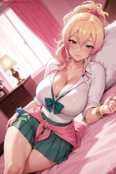 1girl ai_generated bangs bed blonde_hair blush bow bracelet breasts cleavage collarbone curtains green_eyes gyaru hair_between_eyes hair_ornament hair_scrunchie hi_res high_quality high_resolution huge_breasts indoors jewelry kiraamane large_breasts long_hair looking_at_viewer lying on_bed patreon pillow pink_hair pleated_skirt school_uniform scrunchie seductive sexy shirt skirt smile solo thighs uncensored watermark white_shirt wrist_scrunchie