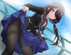 1girl black_hair black_pantyhose blazer blush date_a_live flashing flinsnok from_below heterochromia long_hair looking_at_viewer panties patterned_pantyhose red_eyes school_uniform skirt smile solo tokisaki_kurumi twintails under_skirt yellow_eyes