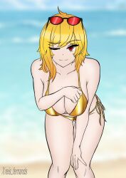 beach big_breasts big_thighs blonde_female blonde_hair glasses golden_bikini hololive kaela_kovalskia only_female red_eyes smiling_at_viewer summer