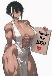 1girl 1girls abs ai ai-created ai_art ai_generated areola areola_slip areolae areolae_slip bare_shoulders big_breasts black_eyelashes black_eyeliner black_hair breasts brown_lips cleavage collarbone cowboy_shot curvy curvy_body curvy_female curvy_figure dark-skinned_female dark_skin dress eyelashes eyelids eyeliner female female_focus female_only follower_celebration hair_between_eyes high_quality high_resolution highres hips holding holding_object holding_sign large_breasts latina latina_female latina_milf long_eyelashes looking_at_viewer mature_female messy_hair milf muscular muscular_female navel off_shoulder off_shoulder_dress partially_clothed partially_clothed_female pixie_cut pixiv_link sagging_breasts sanpaku scar scar_on_arm scar_on_leg scars scars_all_over scars_on_arm scars_on_legs shiny_skin short_hair sidelocks simple_background smile smiley_face smiling smiling_at_viewer solo solo_female streaked_hair tan-skinned_female tan_skin tanned-skinned_female tanned_skin thick_thighs thighs thin_waist tomboy tomboy_milf tomboyish uersor valery_(uersor) white_background white_dress wide_hips yellow_eyes