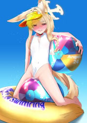 1girl animal_ears ball_(object) beach_ball blonde_hair blue_archive blush blushing_at_viewer embarrassed female_masturbation flat_chest fox_ears halo improvised_sex_toy inflatable long_hair masturbation on_ball one-piece_swimsuit pool_ring pool_toy pussy rubbing rubbing_pussy seia_(blue_archive) sitting sitting_on_ball sitting_on_beach_ball sky small_breasts summer swim_ring swimsuit thighs visor_cap white_bikini