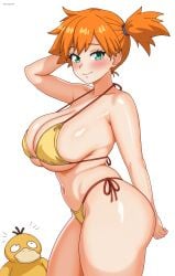 1girls big_breasts bikini bikini_bottom bikini_top bottomwear breasts cleavage eclypse female female_focus game_freak green_eyes hair hand_behind_head hips huge_breasts kasumi_(pokemon) misty_(pokemon) orange_hair pokemon pokemon_(species) pokemon_rgby psyduck side_view sideboob smile solo solo_female swimwear thighs tied_hair topwear white_background yellow_bikini