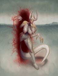 1girls grundelsmoochart large_horns long_tongue monster monster_girl sharp_teeth tail tongue tongue_out