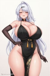 1girl ai_generated bare_shoulders black_dress black_gloves blush breasts china_dress chinese_clothes cleavage covered_navel dress earrings elbow_gloves gloves hair_ornament hairclip hand_on_own_hip hoyoverse huge_breasts jewelry long_hair looking_at_viewer mihoyo open_mouth pelvic_curtain simple_background single_earring sleeveless_dress smile solo thighs white_background white_hair wide_hips yellow_eyes yixuan_(zenless_zone_zero) zenless_zone_zero