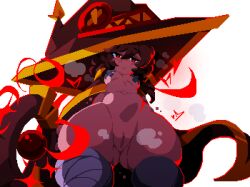1girls bandages belly big_hat big_thighs blush cape covered_nipples english_text konosuba long_hair looking_at_viewer looking_down megumin midriff nipple_pasties oversized_hat pussy red_eyes steam tagme tamaco thick_thighs thighs