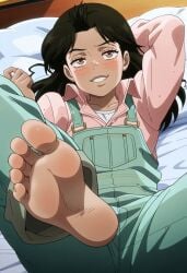 ai_generated anne anne_merlai bed feet foot_fetish foot_focus freckles grinning jojo's_bizarre_adventure overalls solo solo_female solo_focus stardust_crusaders