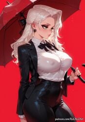 1girl 2026 ai_generated anime black_cat_(marvel) black_jacket black_pants boobs bow bowtie breasts cleavage collared_shirt covered_nipples cowboy_shot crossover earrings felicia_hardy female female_focus formal green_eyes hair_ribbon high-waist_pants highres holding holding_umbrella huge_breasts jacket jewelry large_breasts lips long_hair long_sleeves makeup marvel marvel_comics marvel_rivals nsfw pants patreon patreon_username red_background ribbon rognezart see-through shirt shirt_tucked_in simple_background solo suit umbrella very_long_hair wet wet_clothes white_hair white_shirt