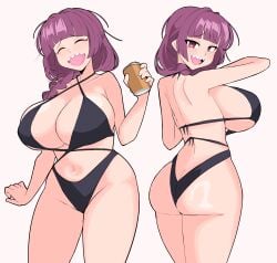 alternate_breast_size ass big_breasts bikini bocchi_the_rock! eye_contact hiroi_kikuri huge_breasts purple_eyes purple_hair sideboob simple_background two_handy