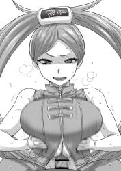 1boy1girl breath_cloud clothed_paizuri clothed_sex furrowed_brow glare guilty_gear guilty_gear_strive kaiman_garupan kuradoberi_jam monochrome motion_blur paizuri paizuri_lead_by_female paizuri_under_clothes pov squished_breasts underboob underboob_cutout