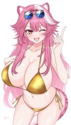 1girl absurdres animal_ears bare_shoulders bikini blue-tinted_eyewear blush breasts cleavage collarbone commentary english_commentary eyeshadow eyewear_on_head fangs fingernails grey-framed_eyewear hair_intakes hand_on_own_chest highres hololive hololive_english huge_breasts index_finger_raised kasutera_mikan long_hair looking_at_viewer makeup mixed-language_commentary multicolored_hair nail_polish navel open_mouth panther_ears panther_girl panther_tail pink_eyeshadow pink_hair pink_nails pink_tail raora_panthera side-tie_bikini_bottom simple_background smile solo stomach streaked_hair sunglasses sweat swimsuit tail thighs tinted_eyewear tongue two-tone_hair virtual_youtuber white_background yellow_bikini yellow_eyes
