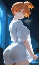 1girl ai_generated ass asymmetrical_hair bangs blush breasts breath busty clothes_pull clothing curtains female female_only from_behind green_eyes grin hair_between_eyes indoors kasumi_(pokemon) large_breasts looking_at_viewer looking_back naked_shirt night no_pants orange_hair parted_lips pokemon ponytail portrait seductive seductive_smile see-through see-through_shirt see-through_silhouette shirt shirt_pull shirt_tug short_hair short_sleeves side_ponytail silhouette smile solo t-shirt thick_thighs thighs tied_hair wet white_shirt window