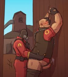 2fort 3boys anal anal_sex arm_hair bald bald_male black_gloves black_mask black_pants black_vest bodily_fluids bodysuit clothing cum cumshot doggy_style ejaculation fat fat_male gas_mask gay gay_sex genitals gloves heavy_(team_fortress_2) heavy_weapons_guy height_difference human human_on_human human_only kinkyressa larger_male light-skinned_male light_skin male male/male male_only mammal mask mature mature_male open_mouth overweight overweight_male pants pants_down penis pyro_(team_fortress_2) red_bodysuit red_shirt sex shirt shorter_male size_difference small_dom_big_sub smaller_male sniper_(team_fortress_2) taller_male team_fortress_2 testicles vest yaoi