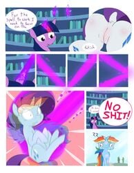 absurd_res anus ass comic detailed_background dialogue equid equine female feral friendship_is_magic genitals hi_res horn kryptchild magic mammal my_little_pony purple_body pussy rainbow_dash_(mlp) rarity_(mlp) twilight_sparkle_(mlp) unicorn white_body