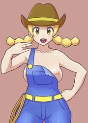 artist_request blonde_hair breasts cowgirl_(pokemon) cowgirl_hat farmer farmgirl hat nintendo no_bra npc_trainer one_breast_out overalls pokemon pokemon_bdsp pokemon_breeder_(pokemon) pokemon_breeder_(pokemon_sm) pokemon_sm wardrobe_malfunction