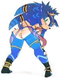 1boy 1cuntboy anklet anus_peek arabian_clothes areolae blue_fur blush body_pattern bracelet ear_piercing earrings elbow_gloves fan_character fingerless_gloves fur_pattern genderswap_(fti) gold_jewelry golden_accessories green_eyes harem_outfit heart_shaped_ass jewelry loincloth long_nails looking_back nail_polish nipple_piercing original_character pelvic_curtain pierced_nipples pinklilim presenting_hindquarters presenting_pussy solo sonic_(series) sonic_oc sonic_the_hedgehog_(series) thick_thighs translucent_clothing white_background