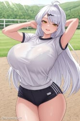 1girl ahoge ai_generated arms_behind_head arms_up black_buruma black_shorts bra_visible_through_clothes breasts buruma cowboy_shot day gym_shirt gym_uniform hair_ornament hairclip hoyoverse huge_breasts long_hair looking_at_viewer mihoyo open_mouth outdoors see-through see-through_shirt shirt short_sleeves shorts smile solo standing thighs white_hair white_shirt yellow_eyes yixuan_(zenless_zone_zero) zenless_zone_zero