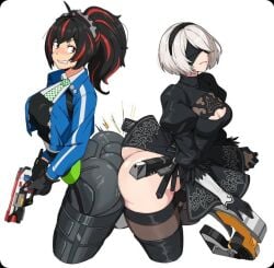 2girls android ass_on_ass big_ass cleavage gun nier:_automata police police_uniform stockings thick_thighs tight_clothing yorha_2b zenless_zone_zero zhu_yuan