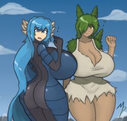 ! 2girls ? big_breasts blue_hair bodysuit breasts cleavage green_hair huge_breasts magnaprospekt prima_(corruptking) tagme thick thick_ass thick_thighs tight_clothing troll troll_female ure_(corruptking)