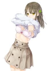 1girls arms_across_body bow bra breasts brown_hair brown_skirt cleavage clover_hair_ornament covered_mouth follen_(639594) four-leaf_clover_hair_ornament hair_ornament hanasaka_yui long_hair long_sleeves medium_breasts navel one_room pink_bow pleated_skirt ribbed_sweater simple_background solo solo_female sweat sweater sweater_lift undressing white_background white_bra white_sweater yellow_eyes