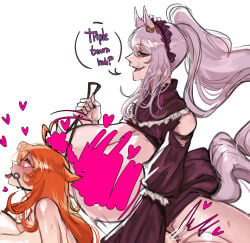 2girls absurdres ahegao animal_ears blush breasts breasts_out censored cropped dress english_text gag gagged heart highres holding holding_reins horse_ears horse_girl horse_tail huge_breasts implied_futanari implied_sex indie_virtual_youtuber jaz_wispsings jowol lucahjin_(character) maid_headdress motion_lines multiple_girls open_mouth orange_eyes orange_hair ponytail porcelainmaid purple_dress purple_hair red_eyes reins ring_gag scribble_censor speech_bubble sweat tail tongue tongue_out virtual_youtuber