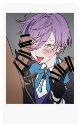 anonymous_male bar_censor censor_bar censored clothed erection feather_earrings gay gloves green_eyes male male/male male_only nijisanji penis penis_on_face polaroid_photo purple_hair sakaki_ness sweat tongue tongue_out touching_penis virtual_youtuber yaoi