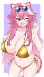 1girl :d ;d animal_ears breasts cleavage collarbone commentary eyewear_on_head fangs highres hololive hololive_english huge_breasts index_finger_raised kasutera_mikan long_hair multicolored_hair navel one_eye_closed open_mouth panther_ears panther_girl panther_tail pink_hair pink_nails purple_background raora_panthera round_eyewear simple_background smile solo streaked_hair sunglasses tail very_long_hair virtual_youtuber white_hair yellow_eyes