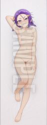 1girls ai_generated armpits arms_up blush bokutachi_wa_benkyou_ga_dekinai breasts dakimakura female full_body hi_res high_resolution highres kominami_asumi lying lying_on_back naked naughty_face nipples patreon purple_eyes purple_hair pussy sleeplessnighty small_breasts solo solo_focus tagme watermark