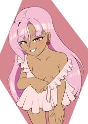 confident grin heart_earrings leaning_forward let_this_grieving_soul_retire! lingerie liz_smart nageki_no_bourei_wa_intai_shitai nightgown pink_hair pink_lingerie pink_nightgown seductive seductive_look seductive_smile shorts small_breasts smirk tan_body tan_skin tease teasing teasing_viewer