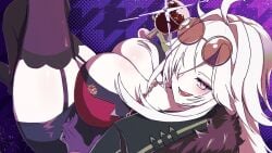 1girl ahoge black_skirt black_thighhighs breasts cleavage crossed_legs cup drinking_glass english_commentary eyewear_on_head garter_straps gloves grey_hair huge_breasts jacket long_hair looking_at_viewer open_mouth red_jacket sitting skirt solo thick_thighs thighhighs thighs twitch twitch.tv twitch_streamer twitter virtual_youtuber vshojo wine_glass yellow_eyes youtube zentreya zentreya_(cyborg) zentreya_(cyborg)_(regal)