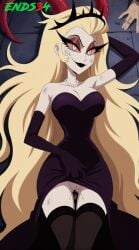 ai_generated bed demon demon_girl dress_lift ends34 hazbin_hotel hellaverse lilith_morningstar_(hazbin_hotel) pussy pussy_peek vivienne_medrano vivziepop