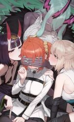4girls ahoge bare_shoulders belt black_pantyhose black_skirt blush breasts chaldea_logo chorogon collared collared_shirt dark-skinned_female dark_skin eyeliner fate/grand_order fate_(series) fujimaru_ritsuka_(female) grey_skin hair_ornament hair_scrunchie harem headpiece highres horns ibuki_douji_(fate) japanese_clothes kimono long_sleeves looking_at_another makeup medium_breasts multiple_girls off_shoulder okita_souji_(fate) open_mouth orange_hair revealing_clothes scrunchie shirt shuten_douji_(fate) skirt small_breasts sweat thighs tongue tongue_out white_shirt wide_sleeves yuuki_aoi