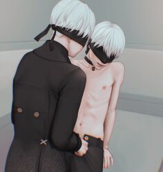 2boys blindfold clothed clothing femboy gay male male_only nier nier:_automata selfcest shirtless short_hair undressing white_hair yaoi yorha_9s