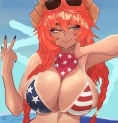 1girl american_flag american_flag_bikini american_flag_print bikini black_nails blue_bikini breasts dragon_girl dragon_horns flag_print flag_print_bikini horns indie_virtual_youtuber large_breasts long_hair looking_at_viewer nail_polish print_bikini red_bikini red_hair red_scarf scarf smile solo star_(symbol) star_print star_print_bikini swimsuit twitch twitch.tv twitch_streamer twitter v virtual_youtuber yellow_eyes youtube youtuber zentreya zentreya_(dragon) zentreya_(dragon)_(cowboy_bikini)