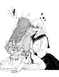 2girls bang_dream! bang_dream!_it's_mygo!!!!! braid condom condom_in_mouth futa_with_female futanari greyscale hair_ornament hairclip handjob heart highres long_hair long_sleeves misumi_uika monochrome mouth_hold multiple_girls nail_polish pankoryo restrained school_uniform serafuku shirt spot_color spread_legs sweat togawa_sakiko twin_braids