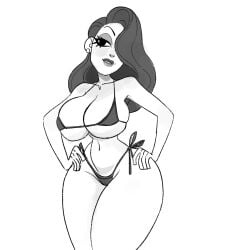 bikini black_and_white breasts earrings gray_hair hair_covering_eye hands_on_hips jessica_rabbit large_breasts long_hair monochrome navel posing slim_waist tagme thick_thighs vanillasketchy voluptuous white_background white_body who_framed_roger_rabbit wide_hips