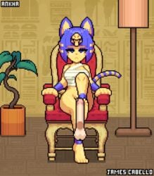 2021 2d 2d_animation 4_fingers 4_toes animal_crossing animated ankha anthro balls bandage blue_body blue_eyes blue_fur blue_hair bottomless chair clothed clothing digital_media_(artwork) disembodied_penis domestic_cat duo egyptian erection eyelashes feet felid feline felis female female_focus femdom fingers foot_fetish foot_play footjob fur furniture genitals gif hair half-closed_eyes headdress hi_res human humanoid_genitalia humanoid_penis inside interspecies james_cabello lamp looking_at_viewer male male/female mammal multicolored_body multicolored_fur narrowed_eyes nintendo penis pixel_animation pixel_art plant sex short_playtime sitting solo_focus striped_tail stripes tailwag tease teasing throne toes video_games yellow_body yellow_fur