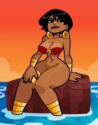 bare_legs beach big_breasts big_thighs bikini_top black_hair bottomless bottomless_female breasts child_bearing_hips cleavage curvaceous curvy curvy_figure dark_skin dark_skinned_female feet_in_water golden_hour good_draws groin hips huge_breasts huge_thighs large_breasts large_thighs looking_to_the_side massive_breasts no_bikini_bottom no_panties no_underwear obscured_feet ocean ocean_background rock sea sitting sitting_on_rock sunset tan_skin tan_skinned_female thick thick_legs thick_thighs thighs tiny_waist unknown_character voluptuous voluptuous_female water wide_hips