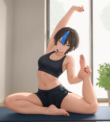 1girls 2026 amber_eyes ankle_bracelet athletic_female belly_button_piercing bent_legs black_nails black_toenails blue_hair bright_background brown_hair feet female_only foot_fetish foot_grab highres looking_at_viewer meaty_soles navel navel_piercing nihu original original_character perfect_body plant seductive sfw shiragi_(nihu) short_shirt slender_athletic_build slender_body stretching thighs tuft yoga yoga_mat yoga_pose yoga_shorts