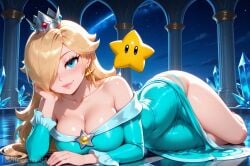 1girls ai_generated bare_legs blonde_hair blue_dress blue_eyes cleavage crown dress earrings heavenly_art large_breasts looking_at_viewer lying_on_stomach mario_(series) panties rosalina rosalina_(mario) smile solo