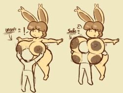 ! anthro breasts brown_hair bunsandnoble female heart hug huge_breasts human larger_female male motion_lines multi_breast pecan_(bunsandnoble) rabbit size_difference smaller_male text thick_thighs wide_hips