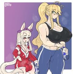 1futa 1girls artoria_pendragon_(lancer) blonde_hair cock_shock fate/grand_order fate_(series) futa_with_female futanari gcfmug green_eyes horse_ears horse_girl horse_tail horsecock horsecock_futa huge_breasts illyasviel_von_einzbern red_eyes size_difference small_breasts small_but_hung white_hair workout_clothes