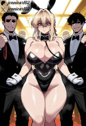 1girl 3boys 4boys ai_generated animal_collar animal_ears bare_shoulders black_bow black_bowtie black_collar black_hair black_jacket black_leotard black_neckwear blonde_hair blue_eyes blurry_background blush bow bowtie braid breasts bunnysuit cleavage clothing collar crowd curvy detached_collar evil_smile faceless faceless_male fake_animal_ears female fishnet_legwear fishnet_pantyhose fishnets gloves grin hair_between_eyes hair_intakes hair_ribbon hetero highleg highleg_leotard holding holding_leash huge_breasts indoors jacket jennieart02 large_breasts leash leash_pull leotard looking_down male multiple_boys neckwear pants pantyhose parted_lips patreon patreon_logo patreon_username playboy_bunny pussy_juice pussy_juice_drip_through_clothes rabbit_ears red_ribbon ribbon shaded_face shirt short_hair sidelocks smile standing strapless strapless_leotard sweat thick_thighs thigh_gap thighs traditional_bowtie twitter twitter_username violet_evergarden watermark white_gloves white_shirt wide_hips wrist_cuffs