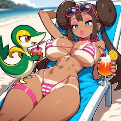 1girl ai_generated beach beach_chair bikini_tan bimbo blue_eyes blurry_background bracelet breast_implants brown_hair cameltoe choker cocktail covered_nipples erect_nipples erect_nipples_under_clothes eyeshadow fake_breasts fat_mons freckles highleg holding_drink hoop_earrings huge_breasts lying microbikini navel_piercing one_hand_behind_head parted_lips pink_lips pink_nails pokemon pokemon_(species) rosa_(pokemon) skindentation skinny snivy striped_bikini sunglasses_on_head tan thigh_strap thin_waist twin_buns wide_hips