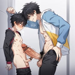 age_difference ai-created ai_art ai_generated gay intimidation male male_only penis_size_difference precum pressing_against pubes pubic_hair size_difference small_penis yaoi